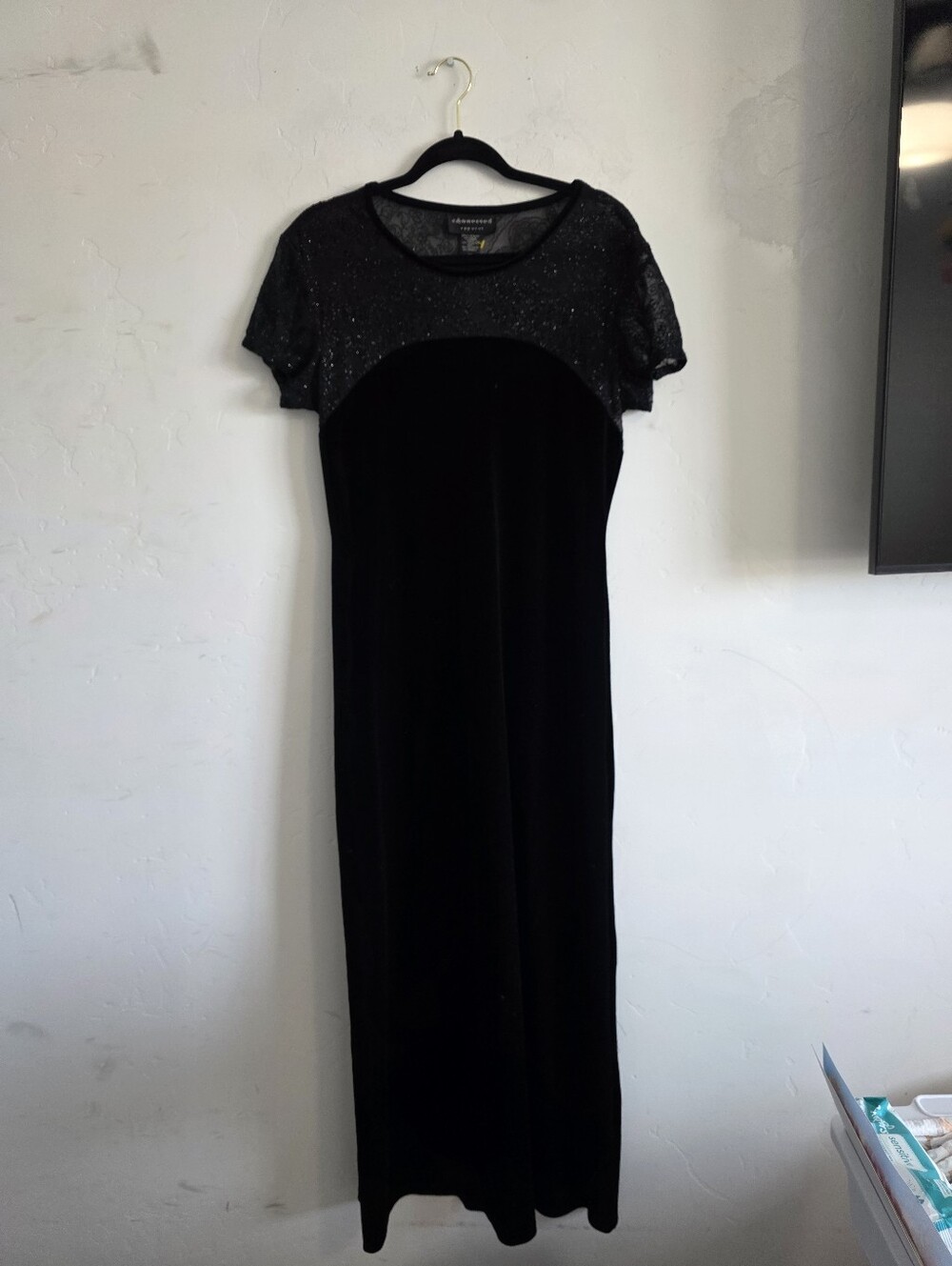 connected apparel Black Velvet Maxi Dress with Sparkle Yoke